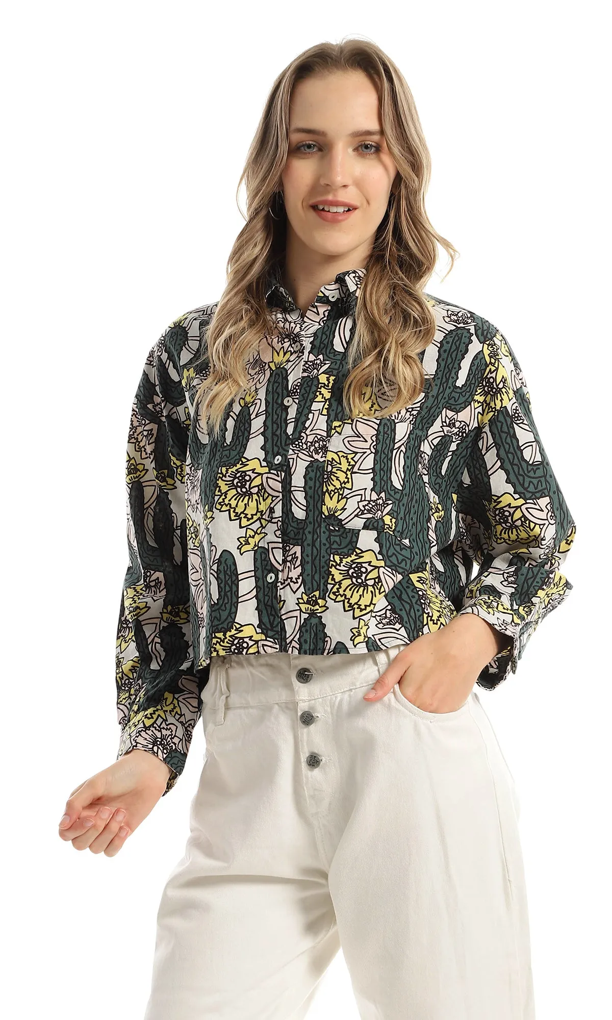 97322 Patterned Buttoned Multicolour Heavy Cropped Shirt