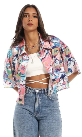 97490 Chest Pockets Silk Cropped Shirt - Multicolour