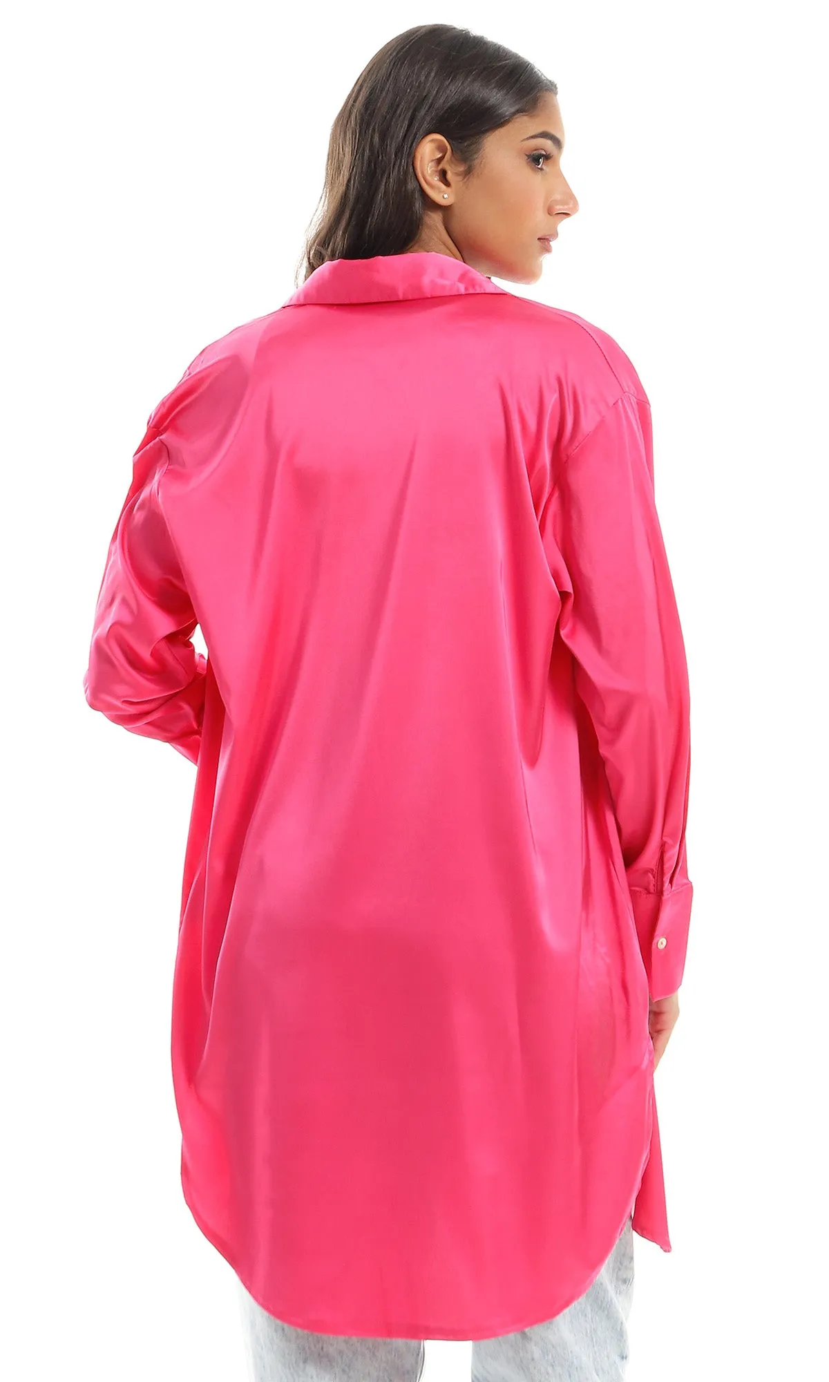 97537 Classic Collar Side Slited Silk Accent Fuchsia Shirt