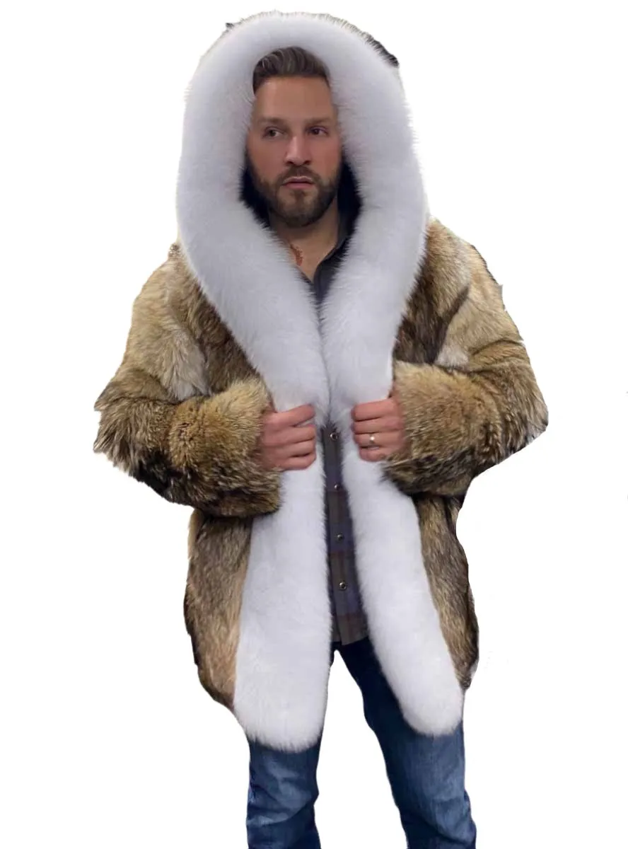 Custom Made Coyote Fur Jacket with Hood and Fox Fur Trim