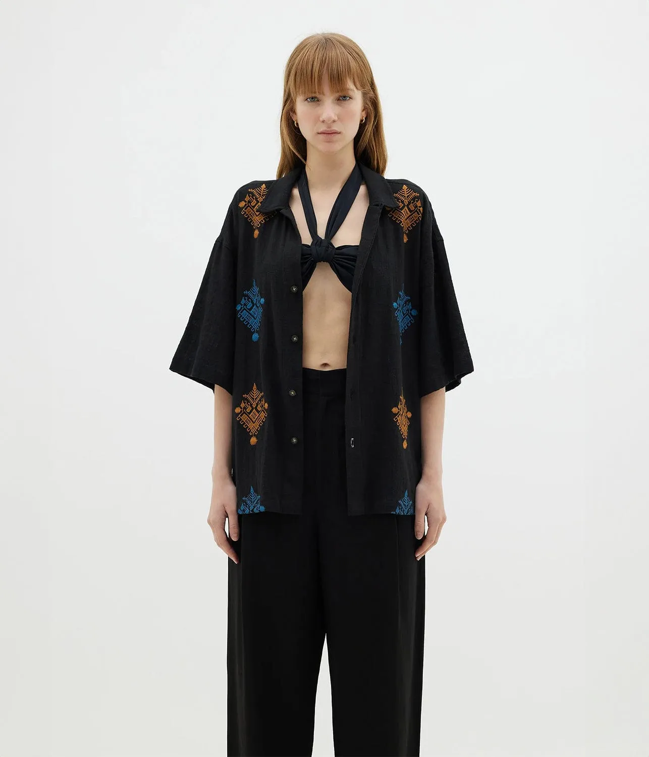 EMBROIDERED GAUZE SHIRT- BLACK