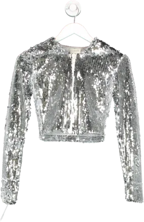 Faith Connexion Metallic Cropped Hooded Silver Sequin Jacket UK S