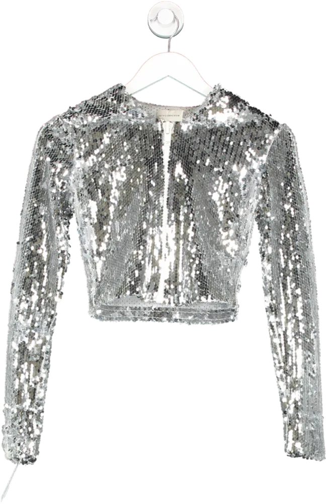 Faith Connexion Metallic Cropped Hooded Silver Sequin Jacket UK S