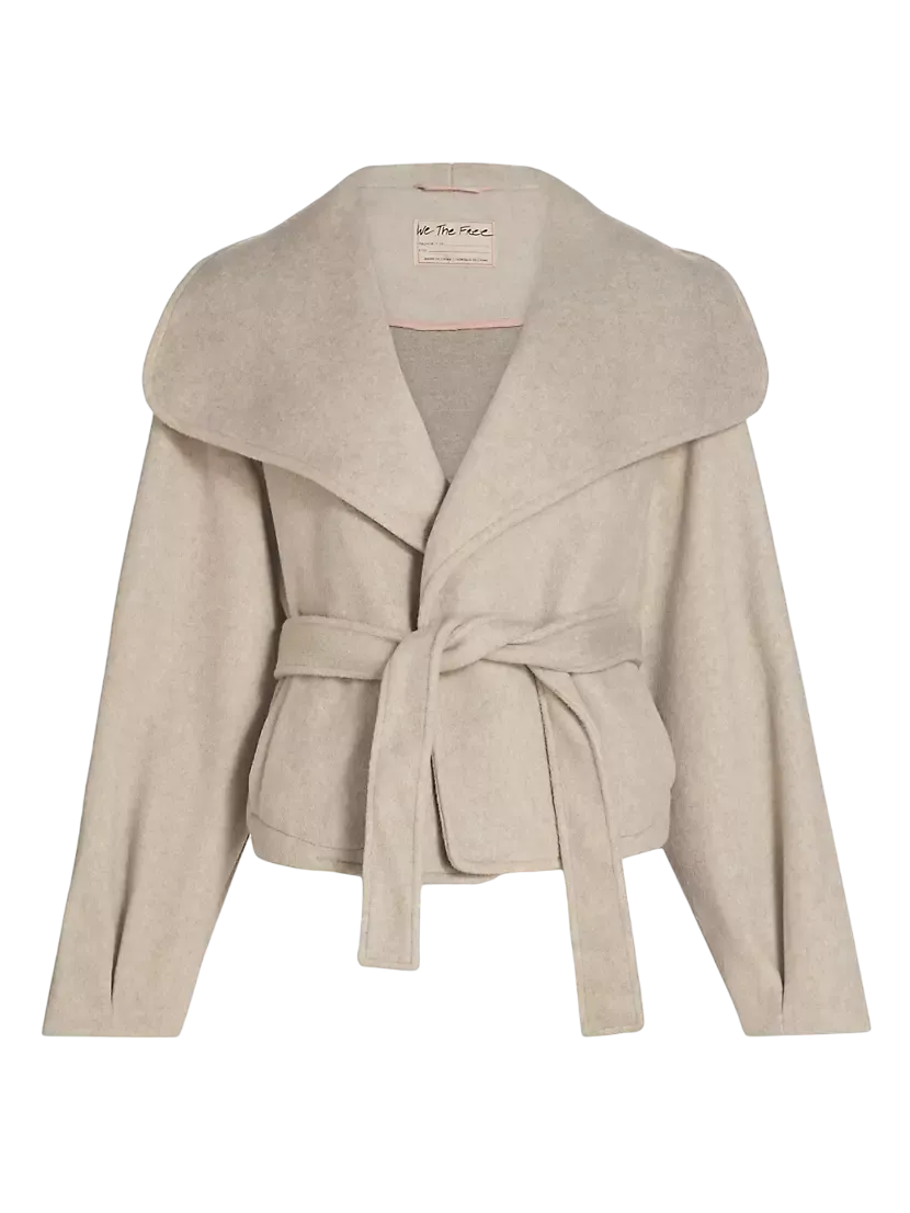 Free People Beige Stone Cashmere-feel Belted Jacket UK M