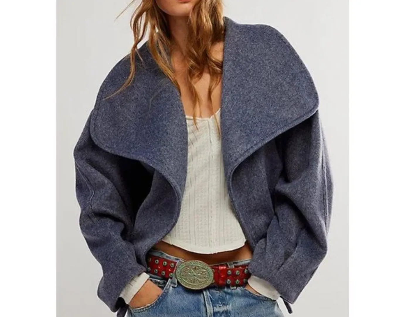 Free People Blue Cashmere-feel belted Jacket UK S