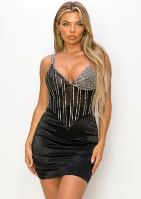 Hirro Mesh Corset Rhinestone Bodycon Mini Dress