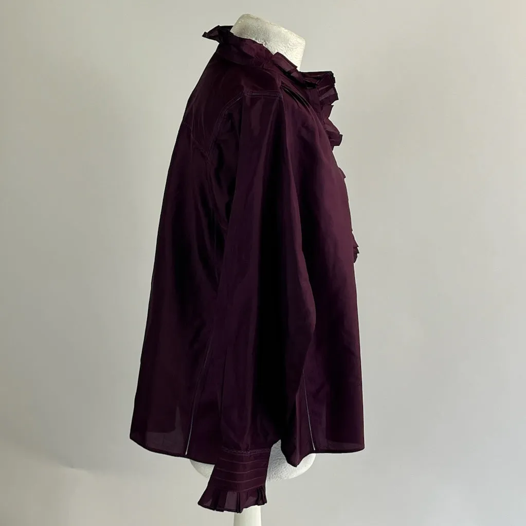 Injiri 400 Plum Topstitched Silk Ruffle Blouse XS/S