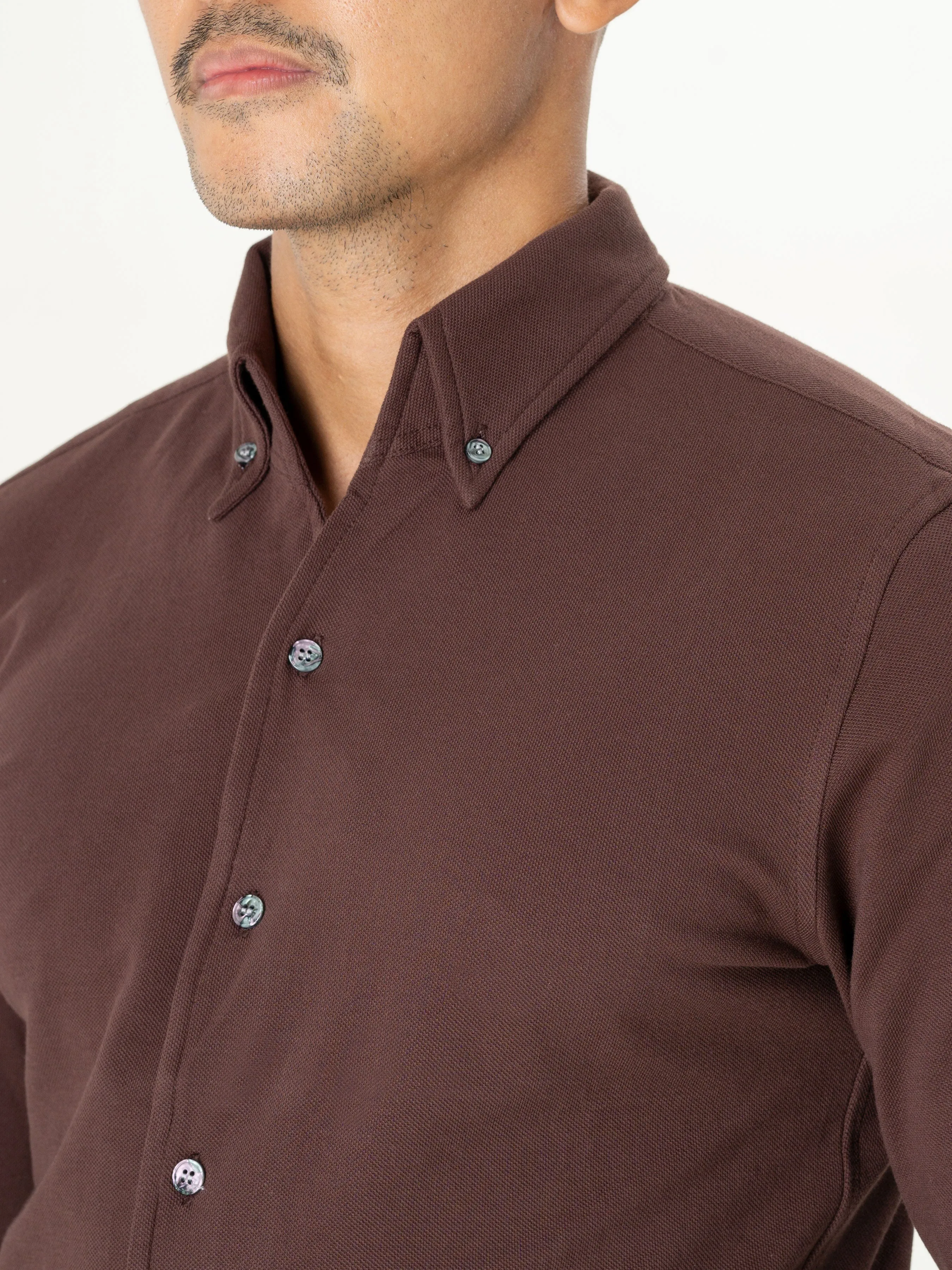 Long Sleeve Polo Shirt - Coffee Button Down