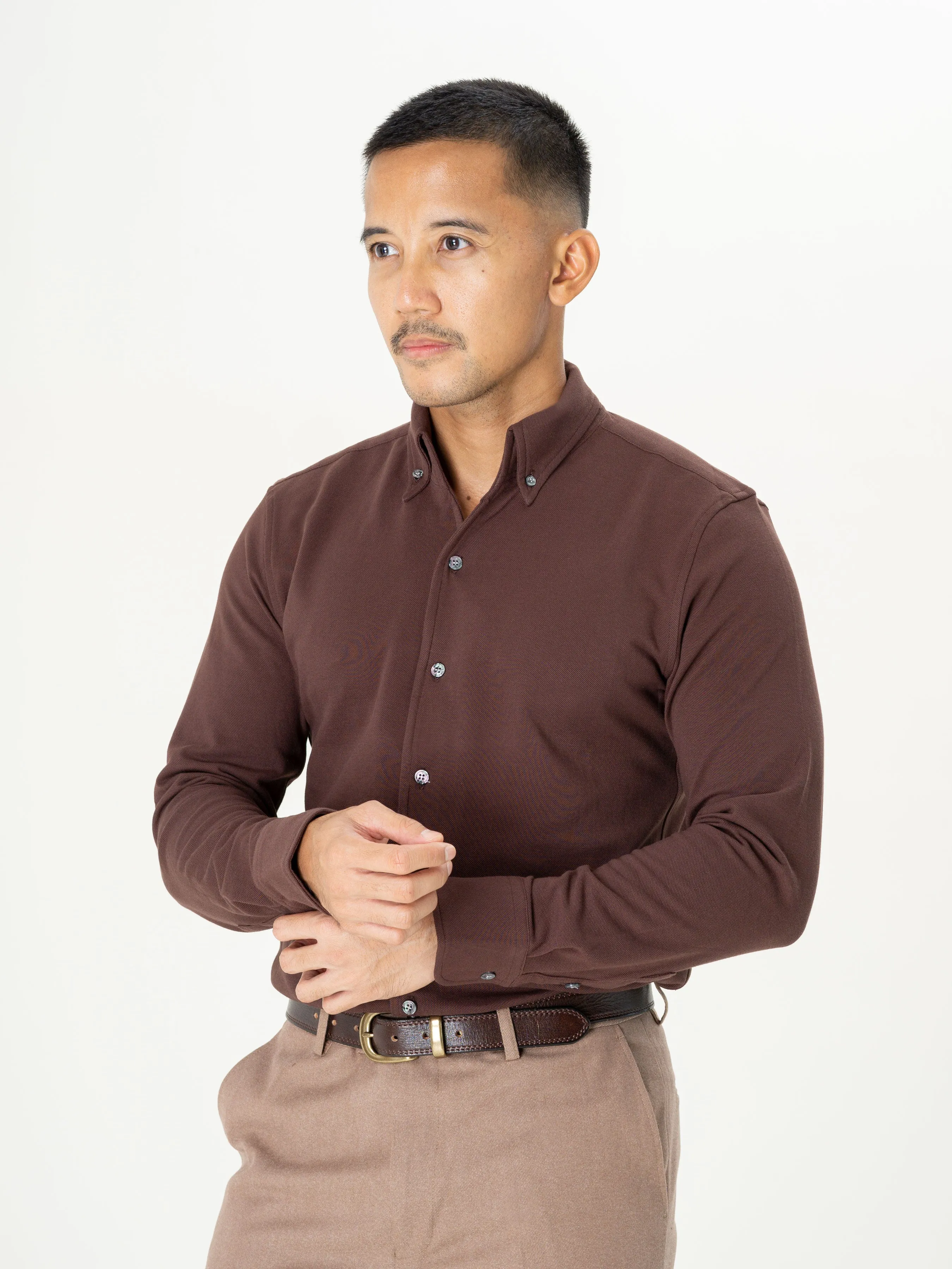 Long Sleeve Polo Shirt - Coffee Button Down