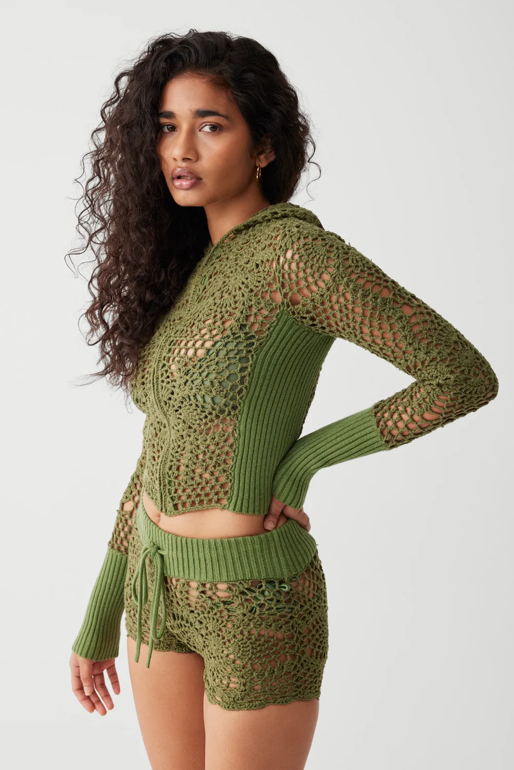 Lyla Crochet Zip Up Hoodie - Sea Moss