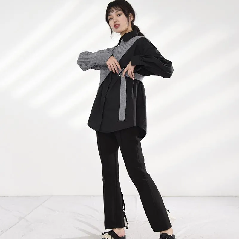 Manami Knitted Long Sleeve Irregular Shirt - Gray