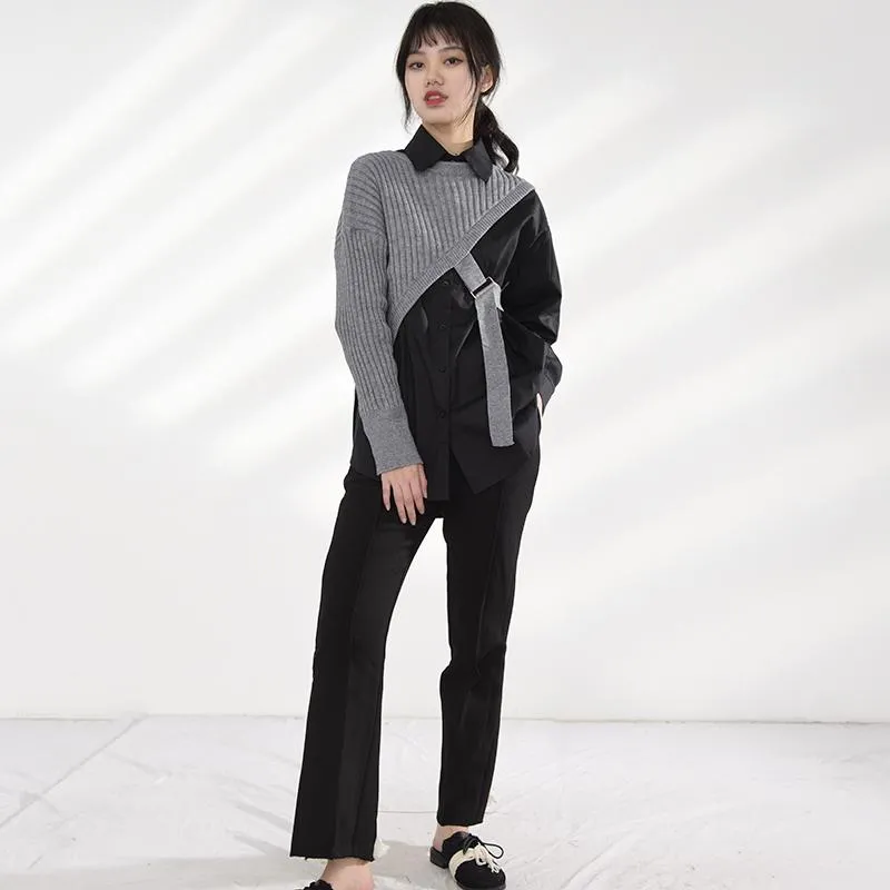 Manami Knitted Long Sleeve Irregular Shirt - Gray