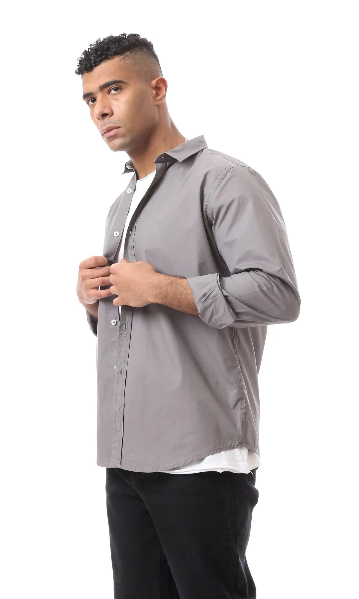 O163549 Buttoned Long Sleeves Fashioned Medium Grey Shirt