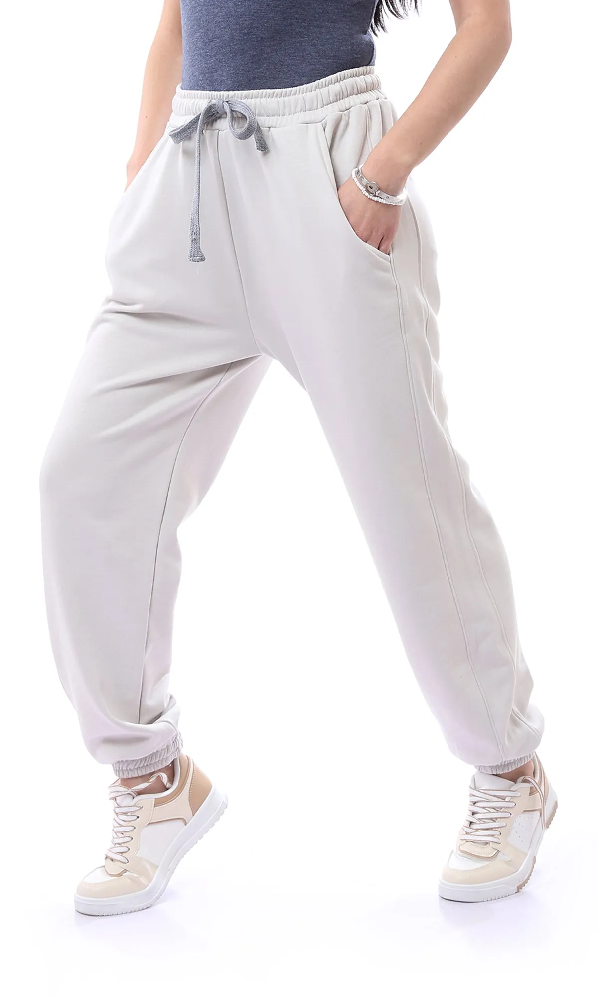 O165845 Elastic Waist With Drawstring Light Grey Sweatpants