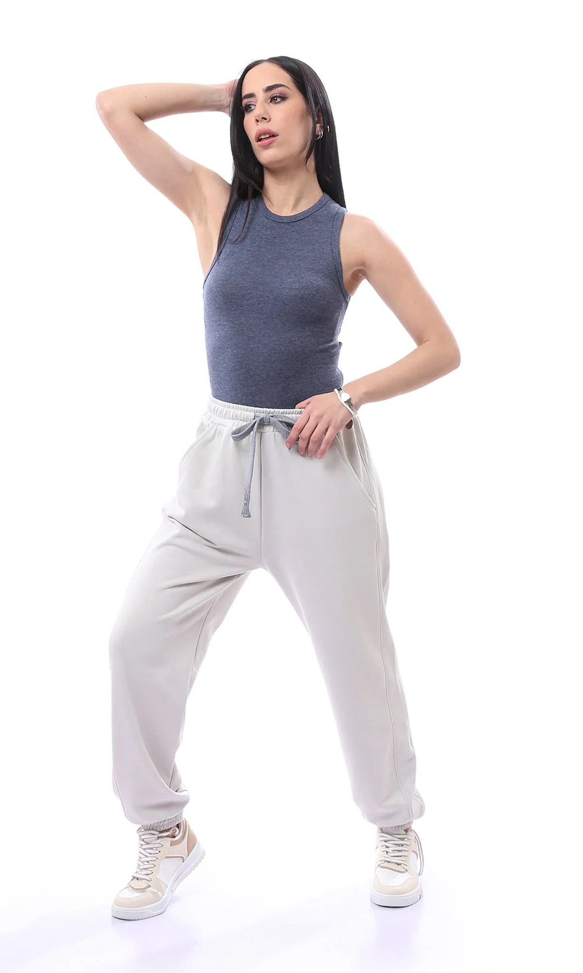 O165845 Elastic Waist With Drawstring Light Grey Sweatpants