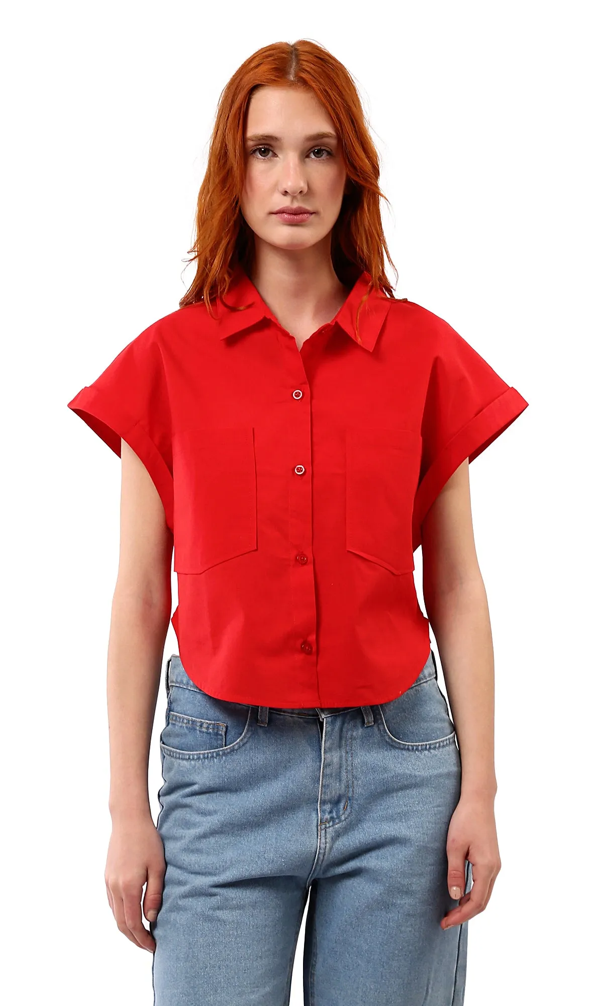 O181644 Solid Short Sleeves Casual Red Buttoned Shirt