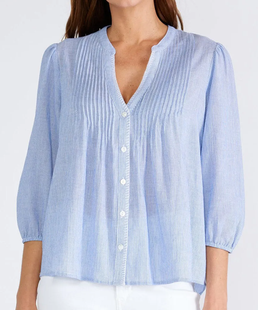 Pintuck 3/4 Sleeve Blouse - Chambray/Ivory