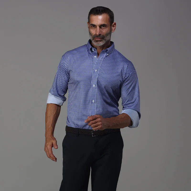 Quattro Flex Dress Shirt with Button Down Collar Blue Gingham