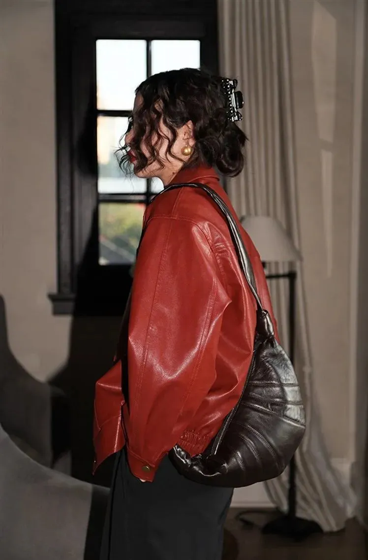 Red Faux Leather Jacket With Zipper