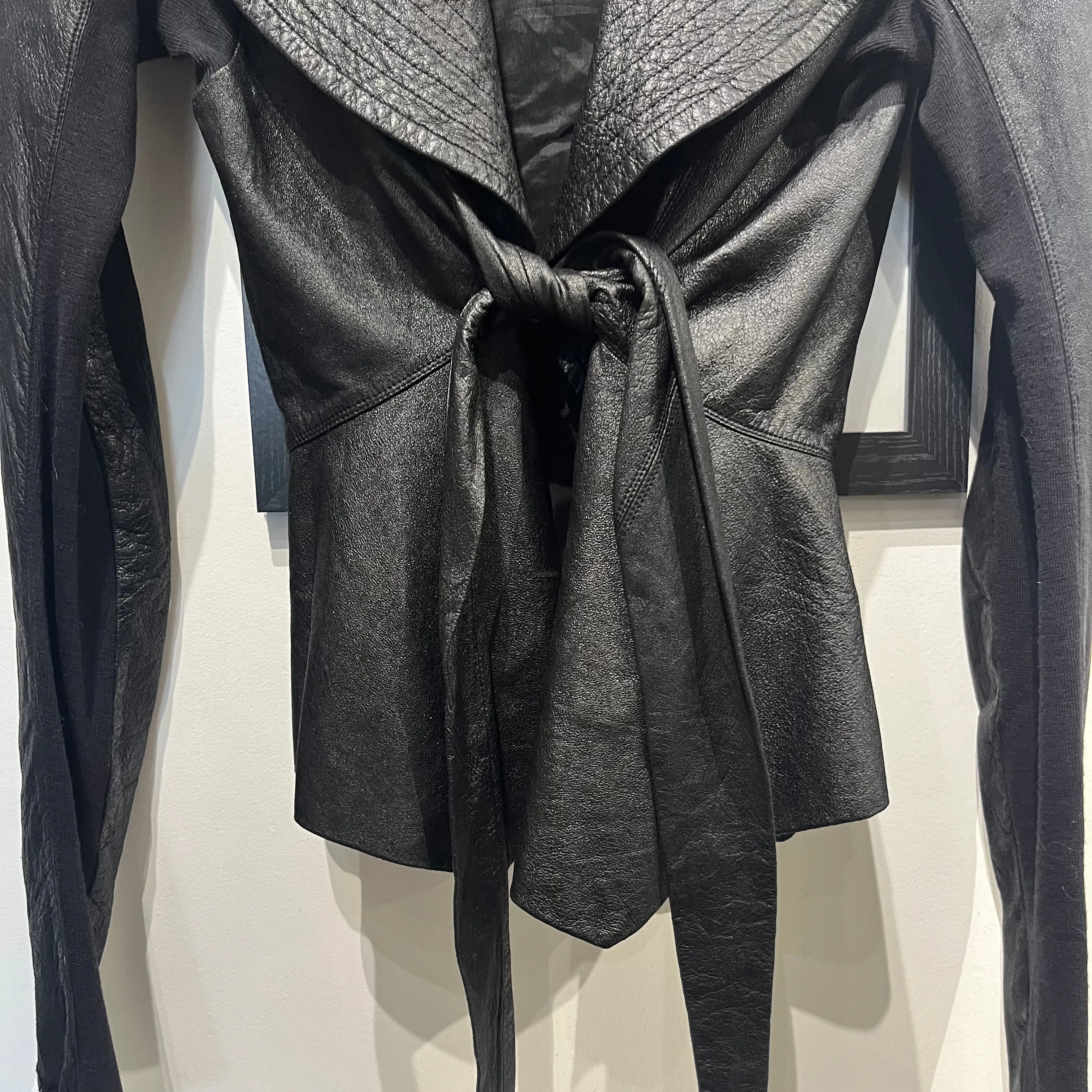 Rick Owens Black Lambskin Leather Curve Tie Front Jacket S