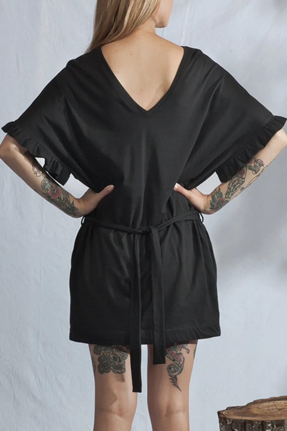 Ripple SS Ruffle Sleeve Reversible Black Dress