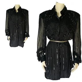 Vintage Black Beaded Shirt Dress or Jacket by Stenay. Pep up Jeans or Belt as Mini Dress. 1980s Large Oversized 1980s