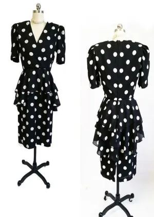 *VINTAGE URSULA BLACK & WHITE DOT FLOUNCE PEPLUM TIERED DRESS