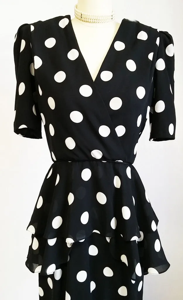 *VINTAGE URSULA BLACK & WHITE DOT FLOUNCE PEPLUM TIERED DRESS