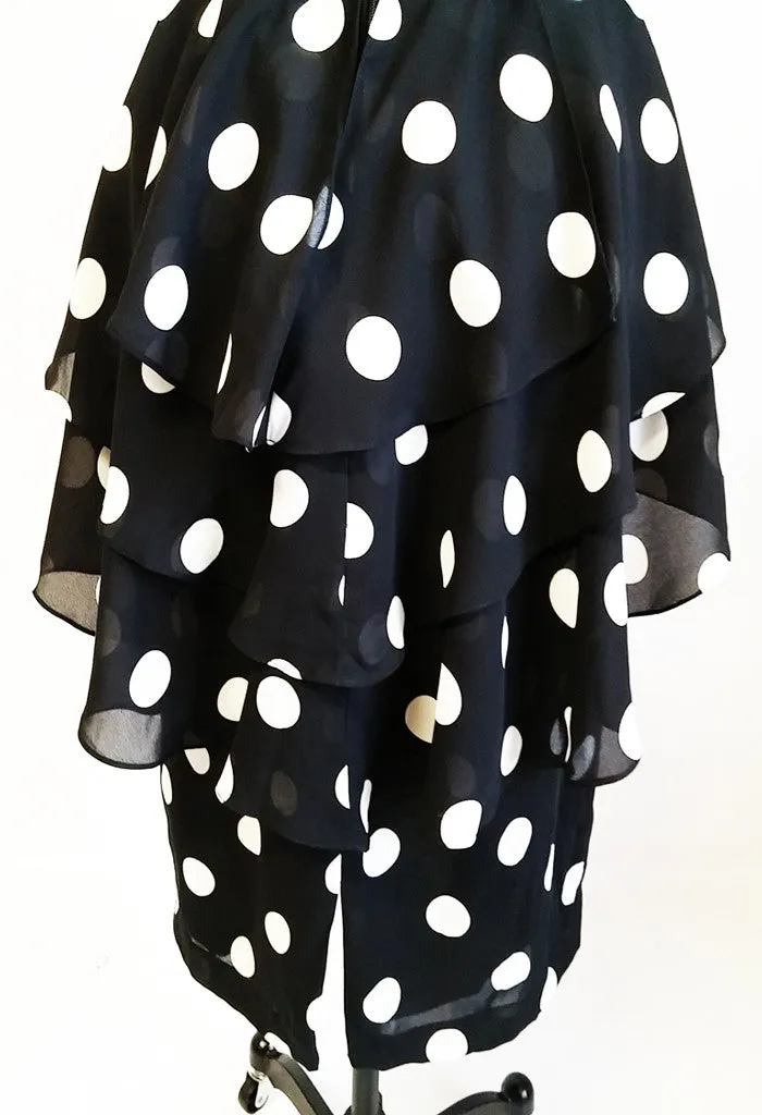 *VINTAGE URSULA BLACK & WHITE DOT FLOUNCE PEPLUM TIERED DRESS