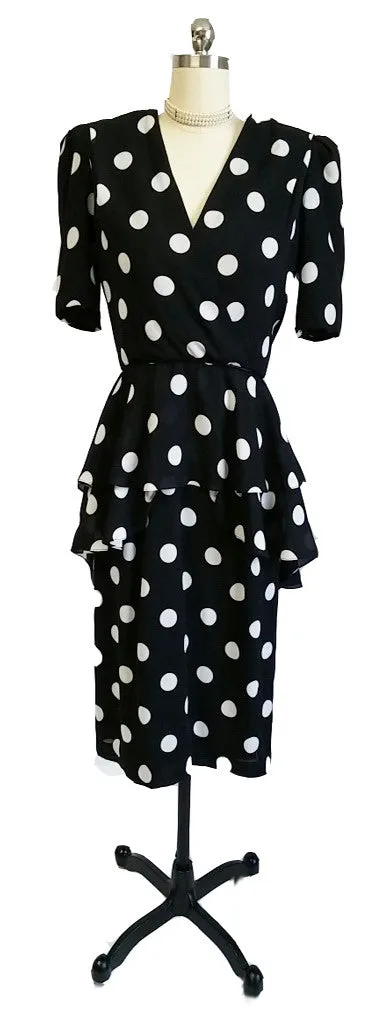 *VINTAGE URSULA BLACK & WHITE DOT FLOUNCE PEPLUM TIERED DRESS