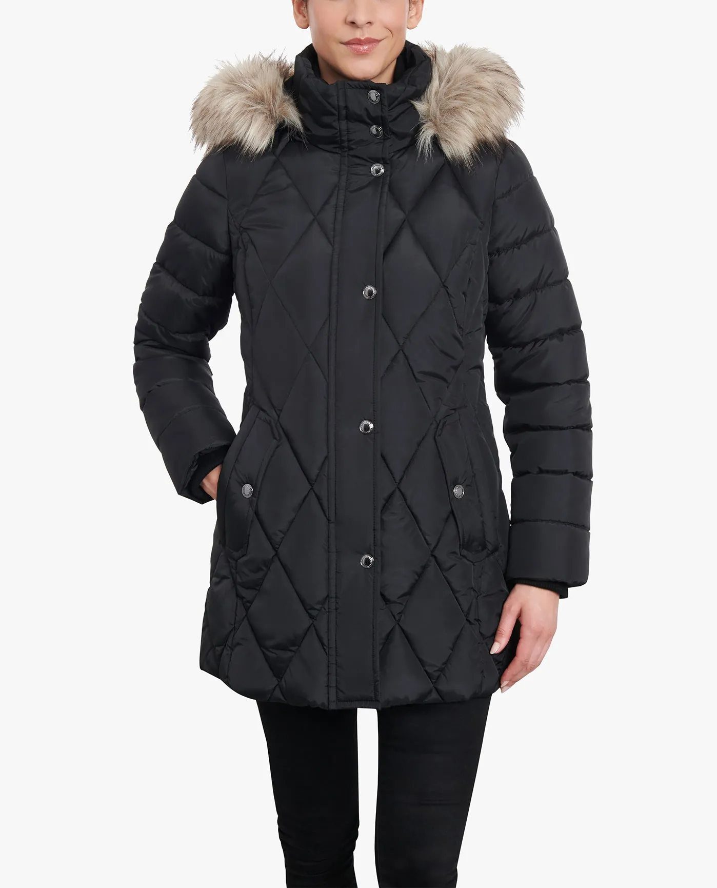 ZIP-FRONT DIAMOND QUILTED JACKET WITH ZIP-OFF FUR TRIM HOOD